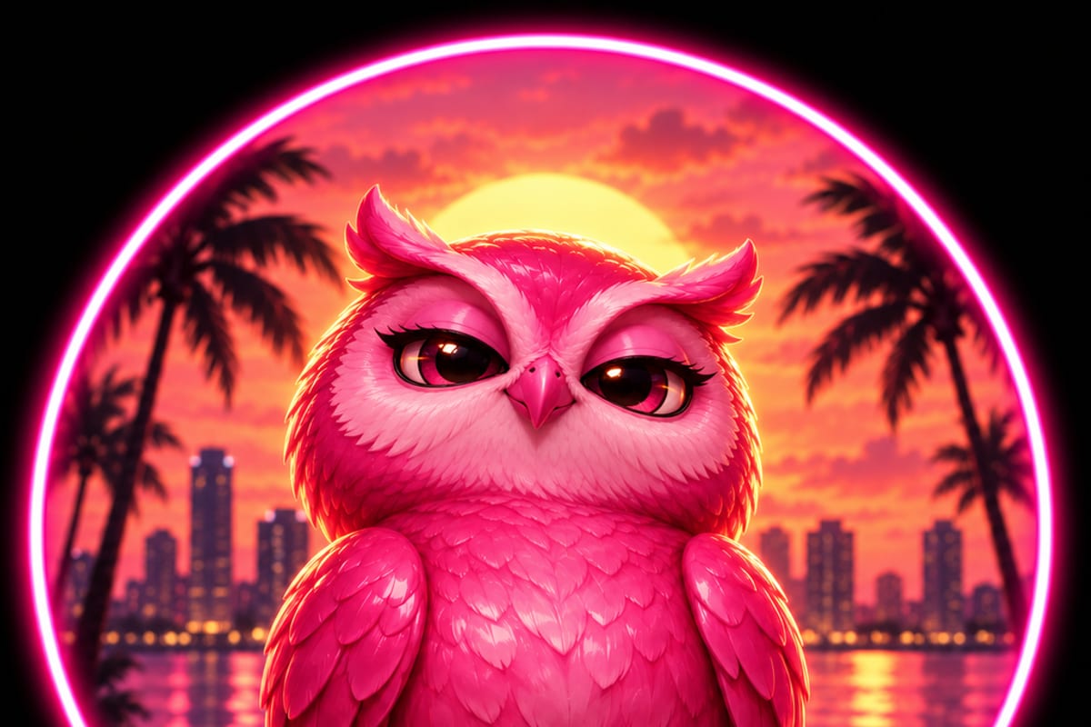 The Owldacity overlooking a sunset waterfront with silhouetted palms and pink reflections on the water.