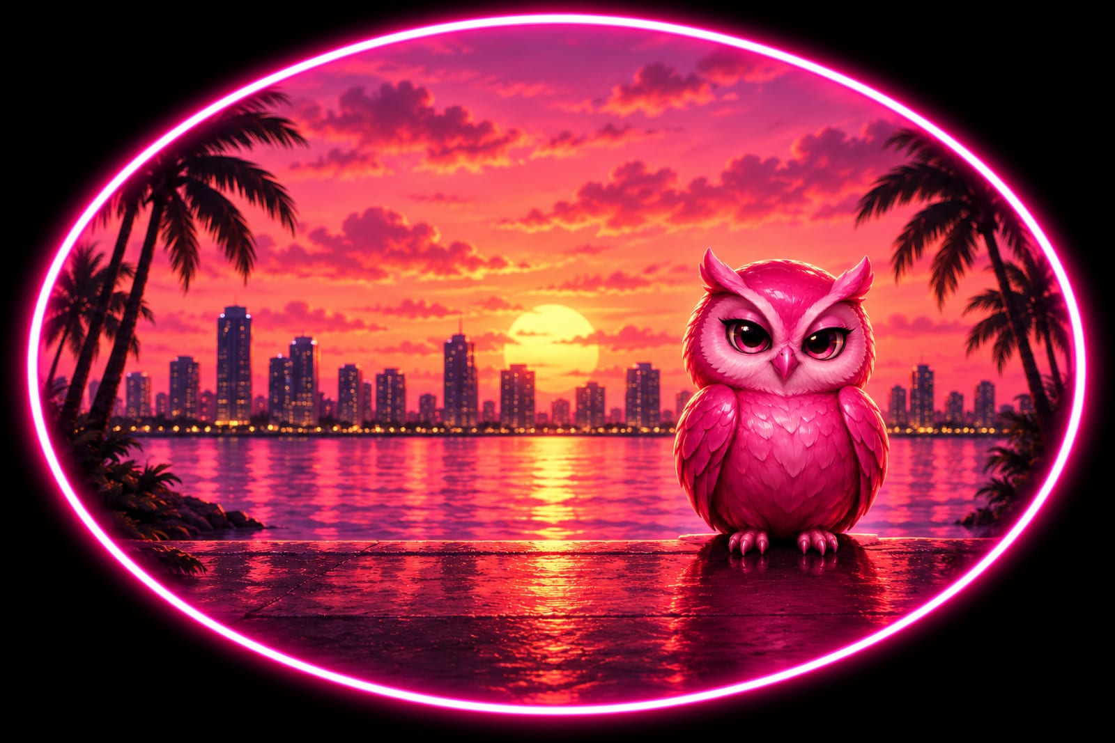 A smug, glossy hot-pink owl centered inside a neon-pink circle, with a waterfront skyline, silhouetted palms, yellow sun, pink-orange sunset and pink water reflections against black.